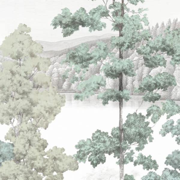 Grandeco Alix Lakeside Tree Sketch Scene 3 panel repeatable Mural 1.59 x 2.8m, Green