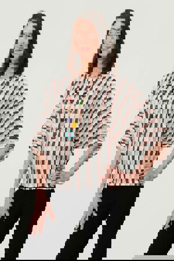 Pink | Striped 3/4 Sleeve Relaxed Necklace Top : Model is 5'8"/172 cm and wears UK10/EU38/US6/AUS10