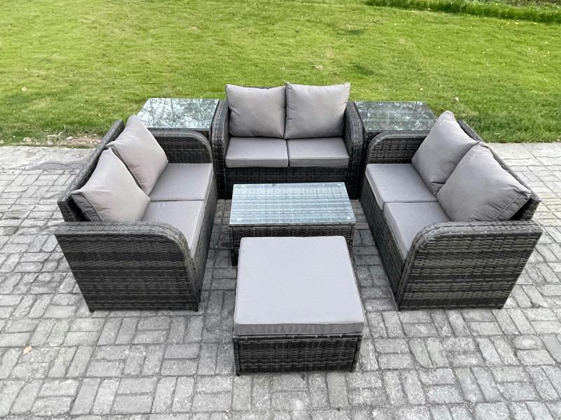 Fimous 7 Seater Outdoor Rattan Set, Garden, Coffee Table, Love Sofa, 2 Side Tables and Big Footstool, Dark Grey Mixed