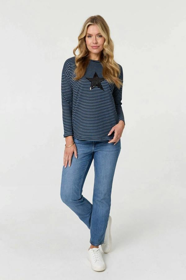 Blue | Striped Sequin Detail Long Sleeve Top
