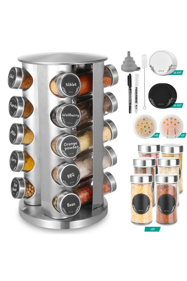 Dyzi 5 Tier Stainless Steel 360° Rotating Spice Rack with 20 Jars Silver