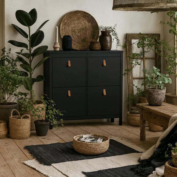 Wyld Haus Wildberry Matt Black Wooden Shoe Cabinet 4 Flip Down Doors Leather Handles