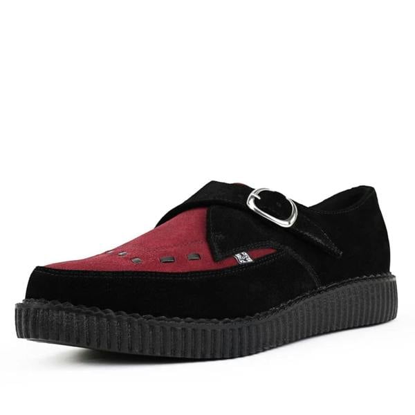 TUK Footwear TUK Pointed Creeper Black Burgundy Suede Monk Buckle Platform Shoes - A9592