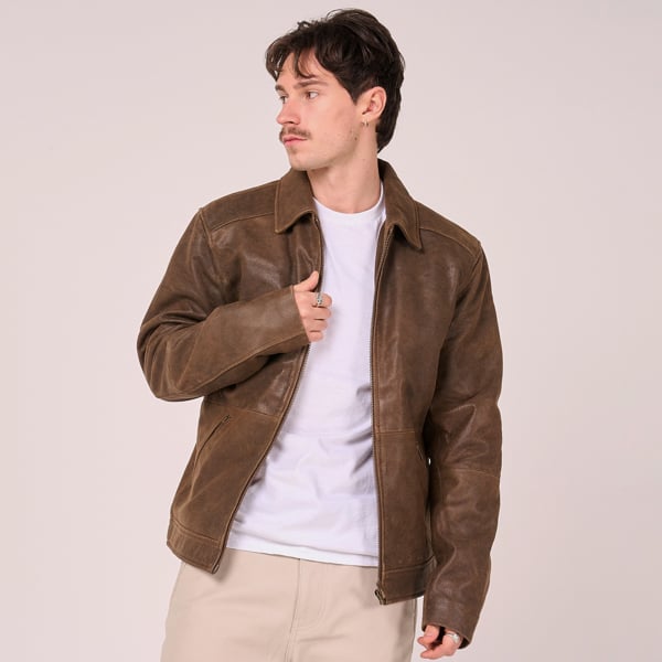 Barneys Originals Men's Soft Grain Brown Leather Harrington Jacket