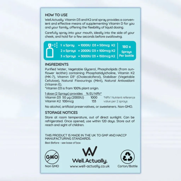 Well Actually Vitamin D3 (2000IU's) + K2 (100mcg) - Liposomal Spray - Pep