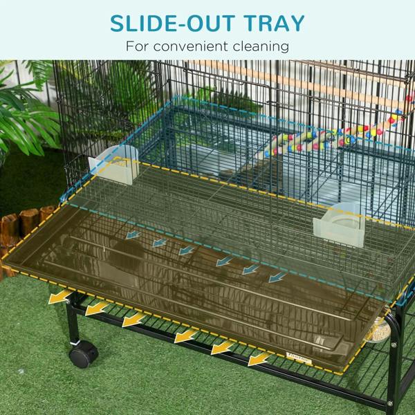 Black bird cage with side-out cleaning tray and metal base on caster wheels