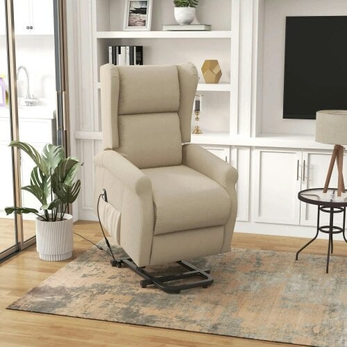 Bobobiy Power Lift Recliner Armchair, Electric Lift Chair for Elderly, Fabric Riser and Reclining Chair with Remote Control, Beige