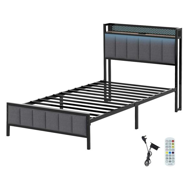 Levede Single Bed Frame Metal Platform 90x200cm LED Headboard Charging Station