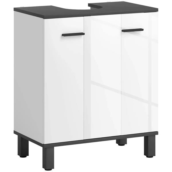 High-gloss white under-sink bathroom cabinet with two doors and black bar handles