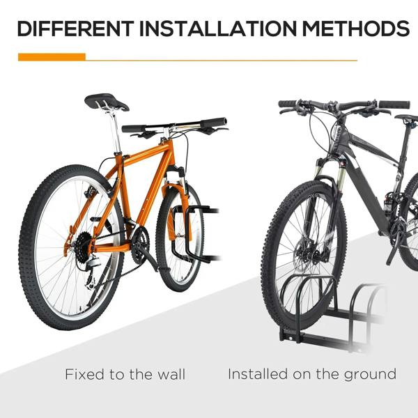 Black 3-bike rack shown for wall mounting and ground installation