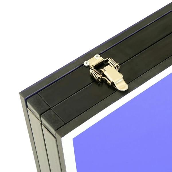 Folding mini table tennis table edge with metal latch mechanism and blue playing surface