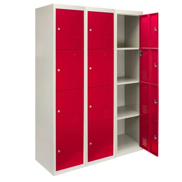 Monstershop 3 x Metal Storage Lockers - Four Doors, Red - Flatpack