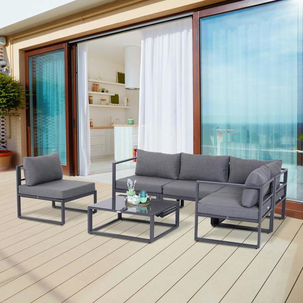Wyld Haus Dokase 5 Seater Grey Outdoor Corner Sofa Set with Coffee Table and Chair Aluminium Framae