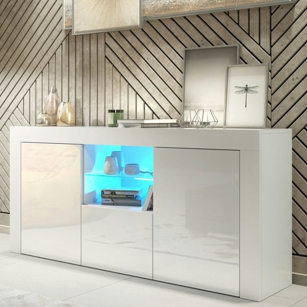 Mex Furniture Modern TV Unit Cabinet 145cm Stand & with White Gloss Doors & Free LED