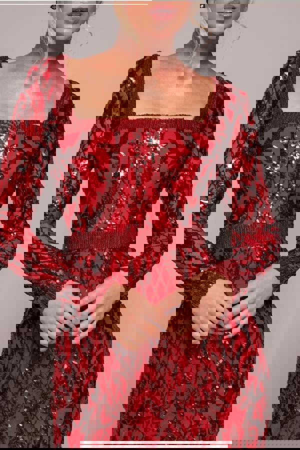 Sequin Square Neck Maxi With Scallop Hem - Red DR4038