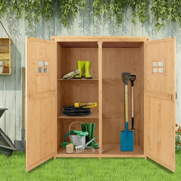 Natural wood garden shed with open double doors and shelves holding gardening tools
