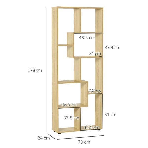 Tall 8-cube bookcase in natural wood, front view with cubby layout shown