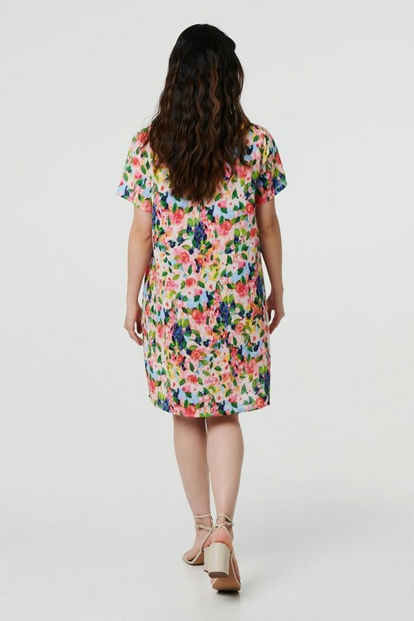 Pink | Floral Short Sleeve Shift Short Dress
