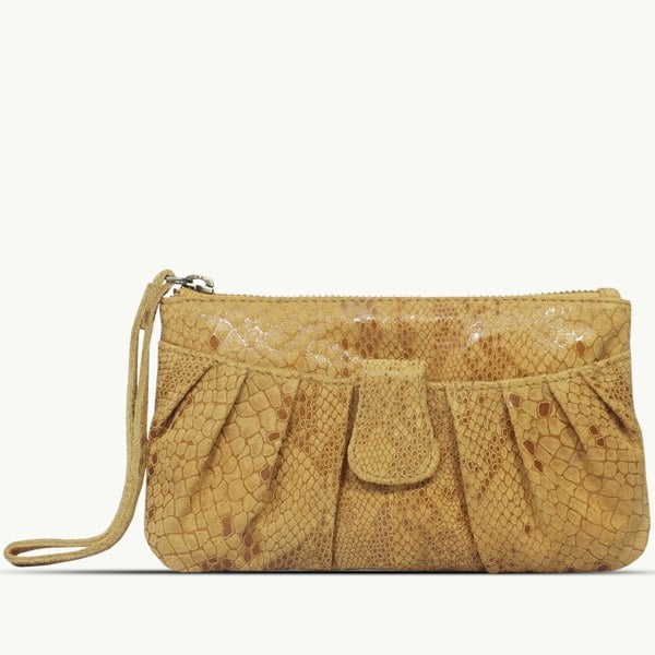 Assots London 'DARCY' Mustard Pleated Snake Print Real Leather Wristlet Pouch