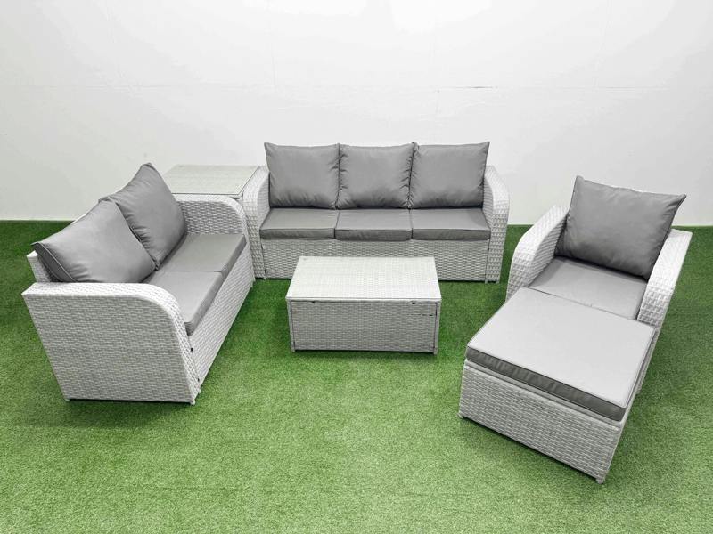 Fimous 7 Seater Garden Sofa Set, PE Wicker Rattan, Coffee Table, Reclining Chair, Loveseat, 3 Seater Sofa, Big Footstool and Side Table, Light Grey