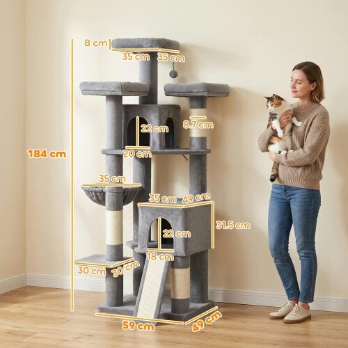 PawHut 184cm Large Cat Tree, Multi-Level Tall Kitty Tower, Dark Grey