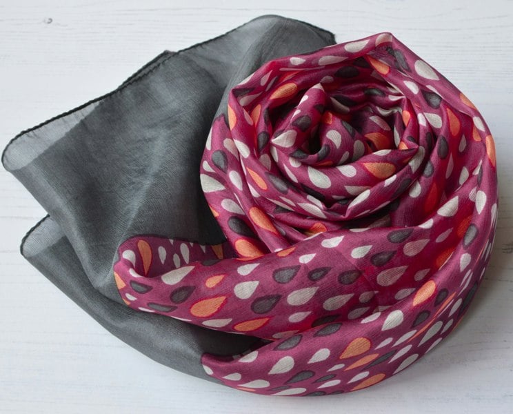 Antonia York Tiffany | Silk Chiffon Neck Scarf - Raspberry Pink & Grey Raindrops