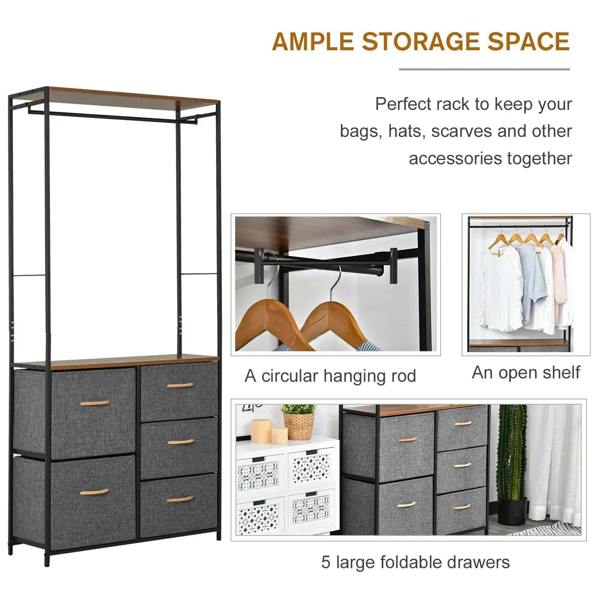 Coat rack organizer with black frame, brown hanging rod shelf, and 5 foldable grey drawers