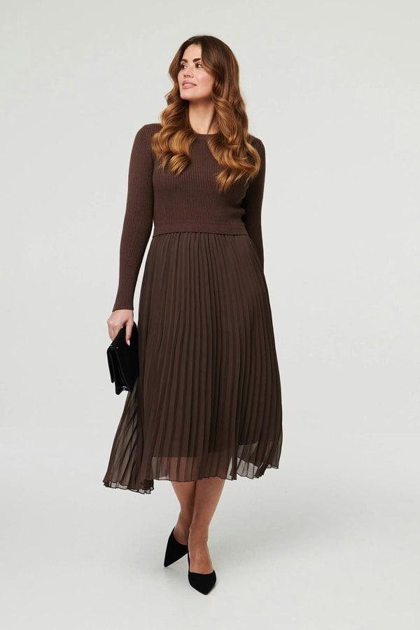 Brown | Knit Long Sleeve Ruched Maxi Dress
