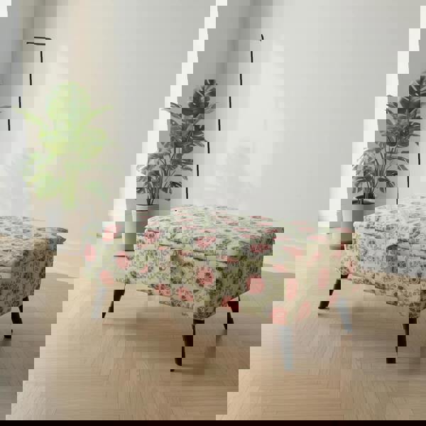 Luxury patterned ottoman seat with hidden storage in iLiv Patola Fabric Carmine