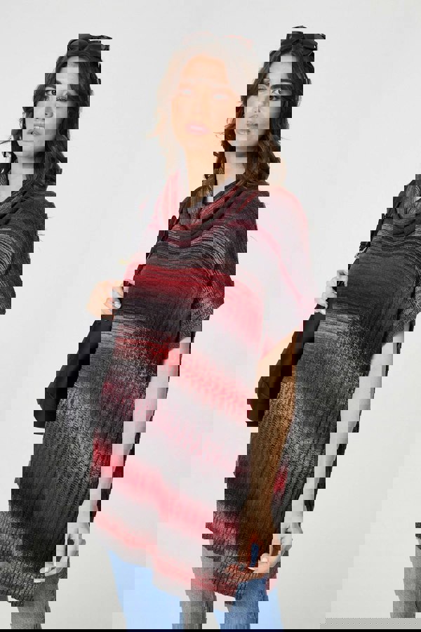 Red | Striped Cowl Neck Oversized Knit Top
