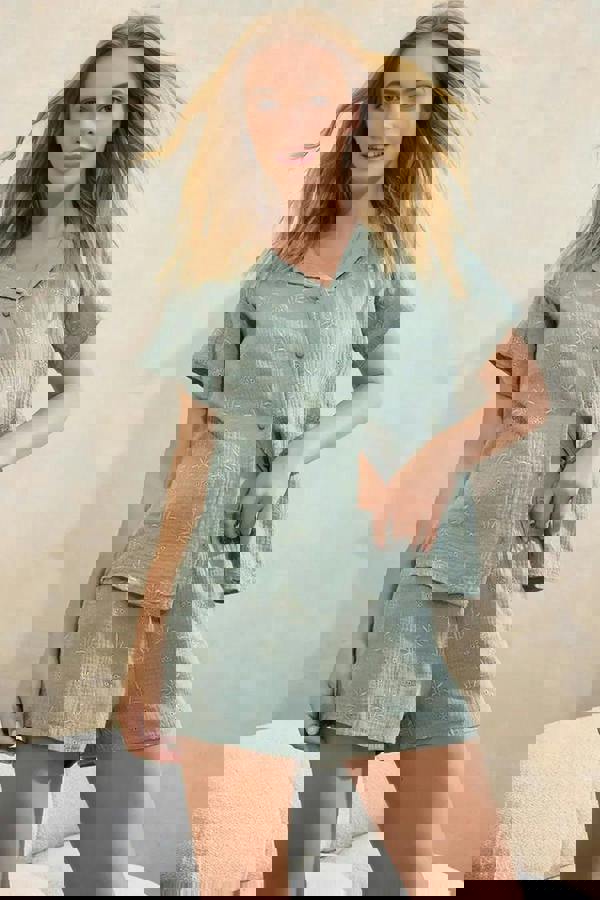 WOVCOR 2-Piece 100% Cotton Floral Embroidered Woven Pajama Set with Shorts