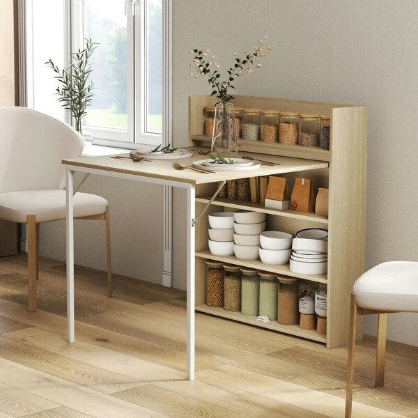 Kitchen Table, Folding Dining Table, with 4-Tier Shelves, Modern Drop-Leaf Table, Oak Wood Effect - Oak Wood Effect