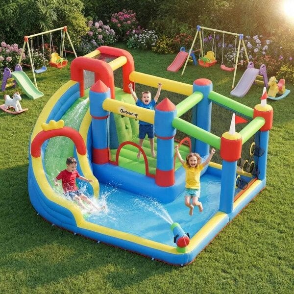 6 in 1 Kids Bouncy Castle, with Water Slide, Water Gun, Climbing Wall, Air Blower for Indoors/Outdoors, 3.9 x 3 x 2m - multi-colored