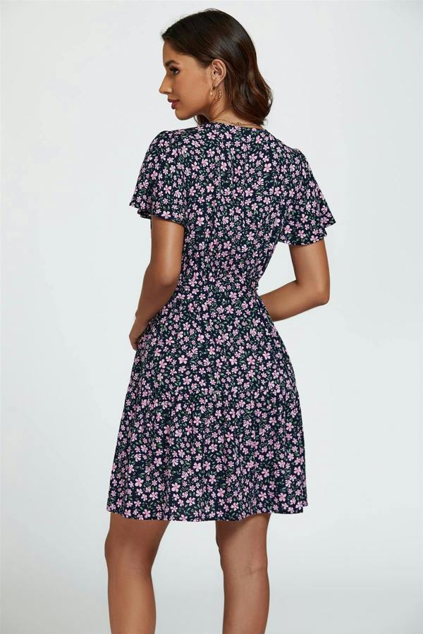 FS Collection Floral Print Hem Tiered Wrap Mini Dress In Navy