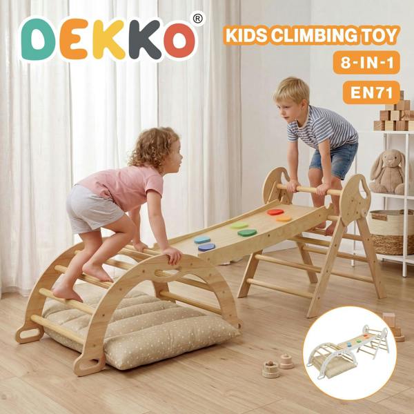 DEKKO 8 in 1 Triangle Climbing Set Kids Wooden Climber with Arch Slide Cushion