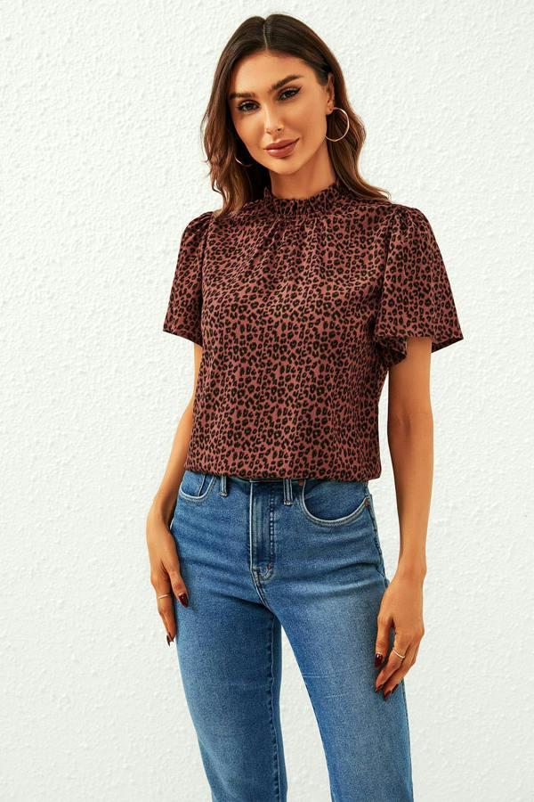 FS Collection Leopard Print Angel Sleeve High Neck Top/Blouse In Rusty