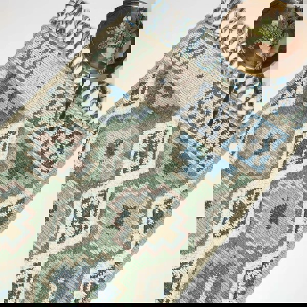 HOMESCAPES Matala Green & Blue Kilim Wool Rug