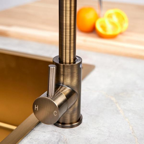 Flode Mjörn | Single Lever Kitchen Sink Mixer Tap with Swivel Spout | L Neck Design | Antique Brass Finish
