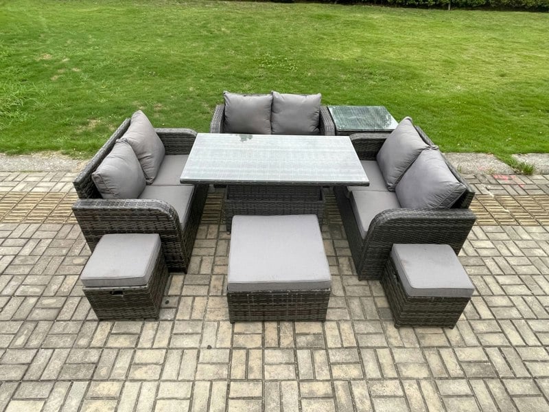 Fimous Rattan Garden Outdoor Furniture 3 PC Love Sofa Set Adjustable Rising lifting Dining Table With Side Table 3 Footstools