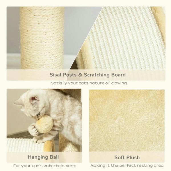 Beige cat tree sisal posts and scratching board with soft plush perch and hanging ball