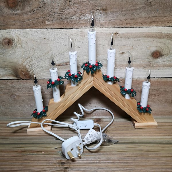 Samuel Alexander 40cm Premier Christmas Candlebridge with 7 Flickering Bulb in Light Wood Finish Mains Operated