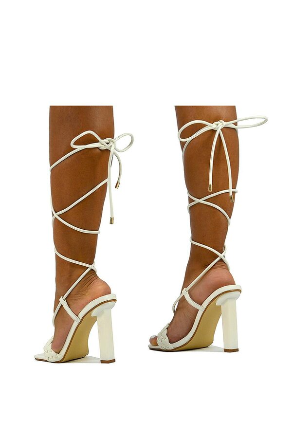 XY LONDON Woven Strap Lace Up Strappy Block Square Toe Heels
