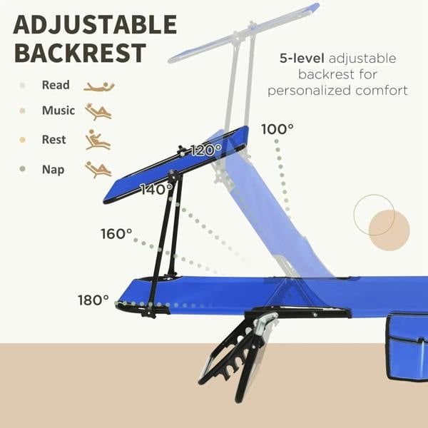 Blue folding sun lounger with 5-position adjustable backrest