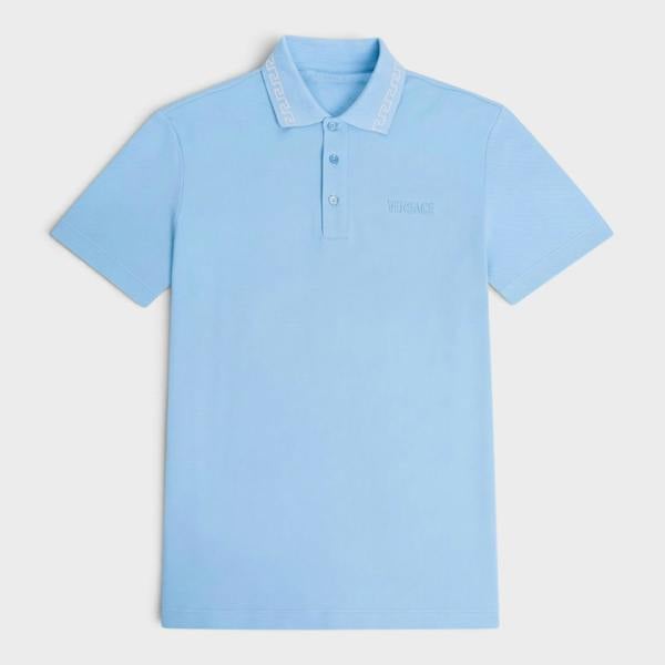 Versace Logo Polo Piquet Greca Blue Silver