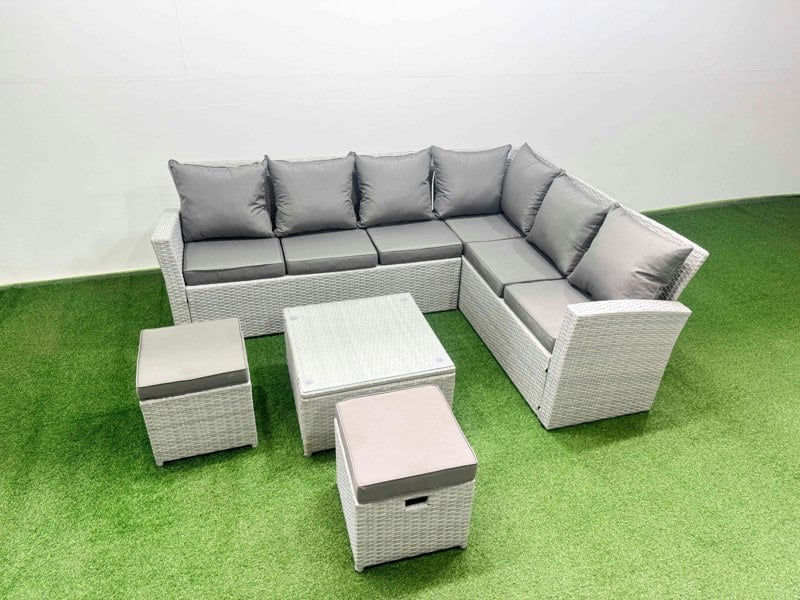 Fimous Garden Outdoor PE Wicker Rattan Furniture Set 8 Seater Rattan Garden Sofa Set with Square Coffee Table Light Grey Mixed