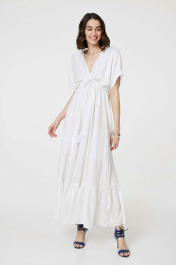 White | Dotty Empire Waist Kimono Maxi Dress