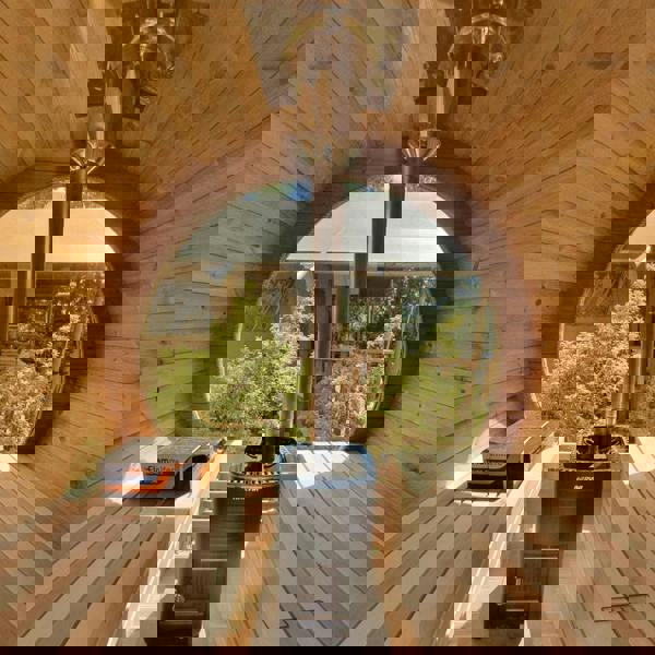 400cm Spruce Barrel Sauna | Thermowood | Terrace | Wood-Fired or Electric.