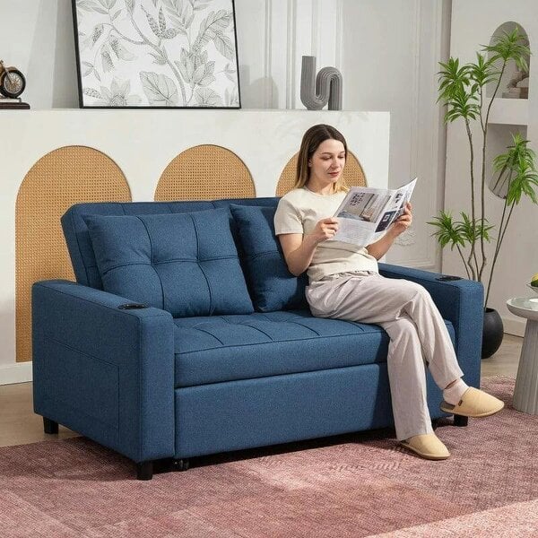 Two-Seater Pull-Out Sofa Bed - Dark Blue - Dark Blue