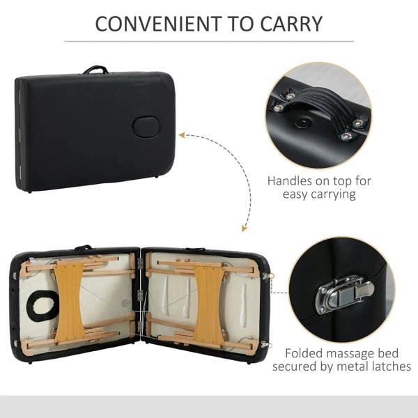 Black folding massage table with carry case, top handles, and metal latch closure