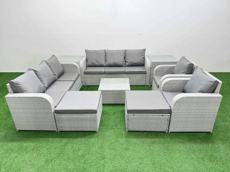 Fimous Rattan High Back Lounge Sofa Set Square Coffee Table & Chairs with 3 Seater Sofa Reclining Chair 2 Big Footstool 2 Side Table Light Grey